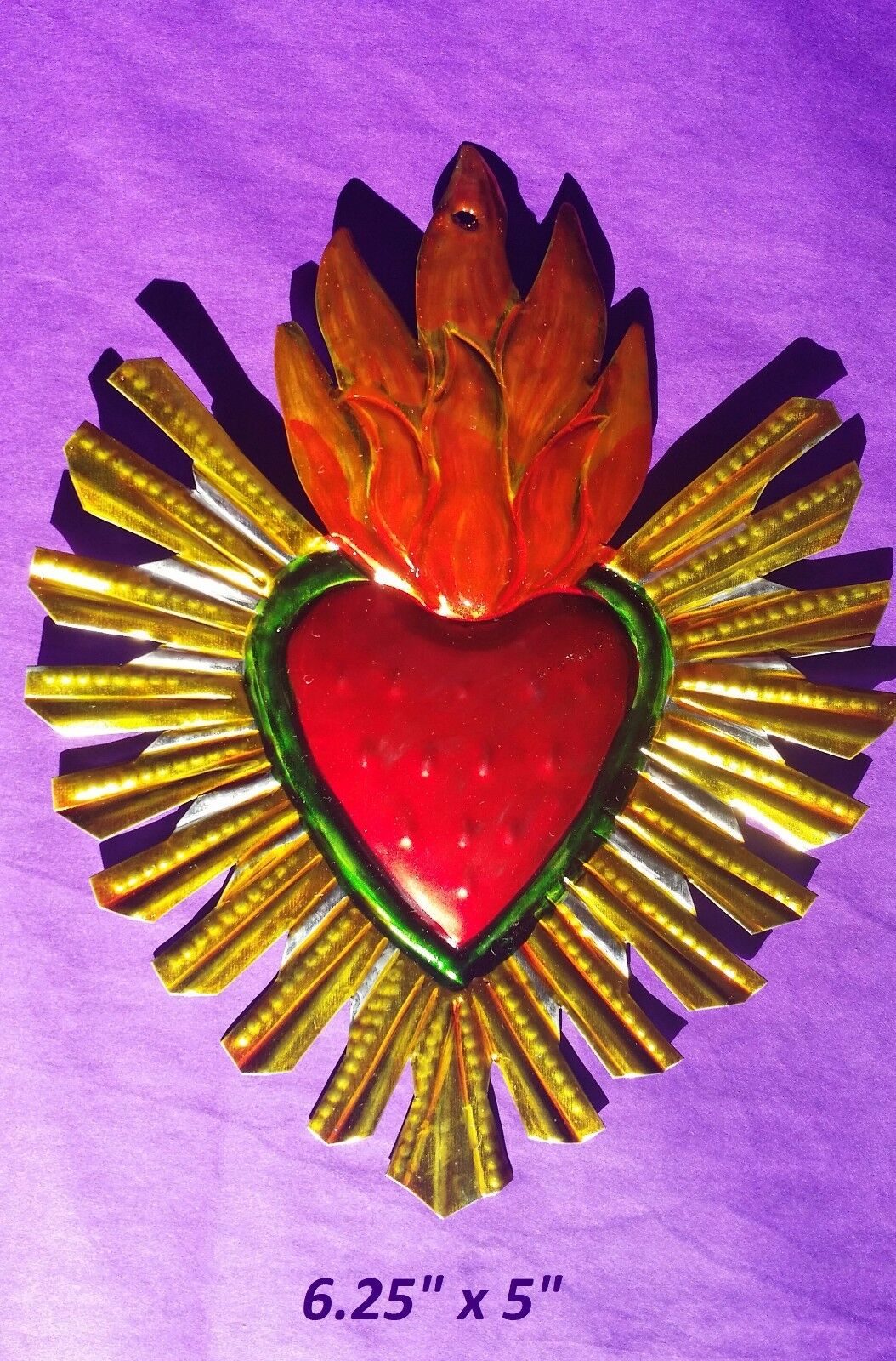 Sacred Heart Mexican Handmade Painted Tin Milagro Style Art 6.25"x5"